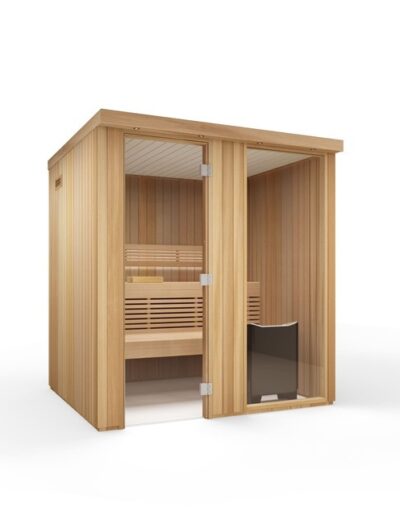 Sauna da casa-con-sezione-vetrata-in-thermoaspen-con-tettoia-illuminata