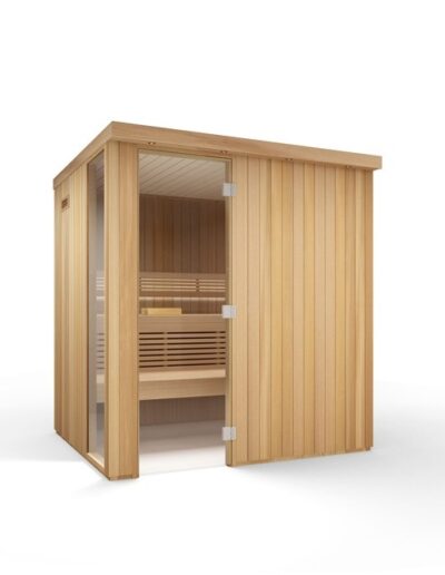 Sauna da casa-con-sezione-vetrata-laterale-in-thermoaspen-perline-verticali-con-pensilina-illuminata