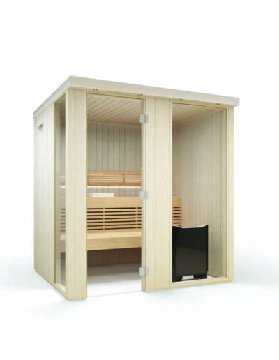 Sauna da casacon-2-sezioni-vetrate-in-aspen-perline-verticali-e-tettoia-illuminata