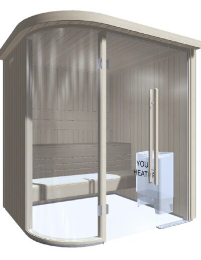 sauna in aspen 184x158 con frontale e angolo stondato vetrato