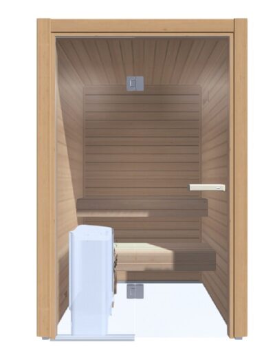 sauna in termoaspen 133x133 frontale vetrato doghe orizzontali