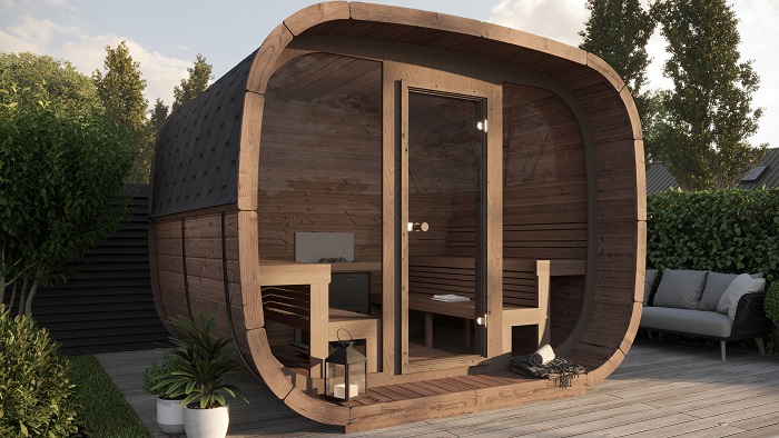 sauna da esterno a botte moderna con vetrata frontale per 10 o 12 persone in legno termotrattato