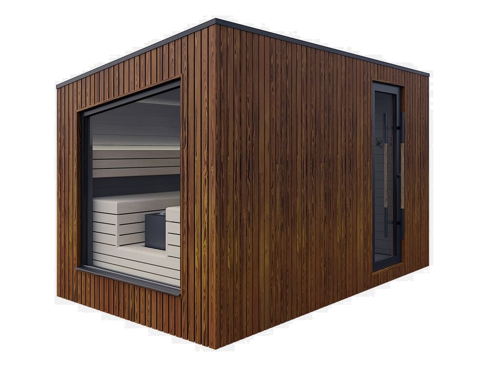 sauna da giardino Terra con vetrata e legno naturale termotrattato