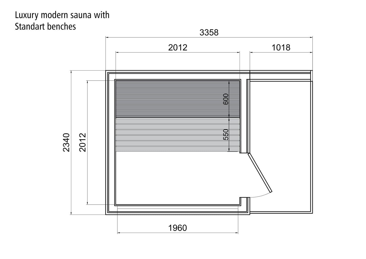 2.3x3.3 m_ Sauna Modern Lux – Horizon panche dritte 2.3x3.3 m_ Sauna Modern Lux – Horizon panche dritte