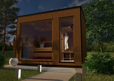 sauna da esterno Modern Lux vista render ambientato