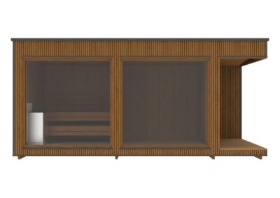 sauna da giardino modern lux con spogliatoio e patio frontale con vetrate
