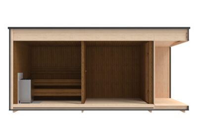 sauna da giardino modern lux con spogliatoio e patio in abete frontale