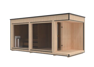 sauna da giardino modern lux con spogliatoio e patio in abete laterale