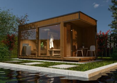 sauna da giardino modern lux con spogliatoio e patio vista ambientata