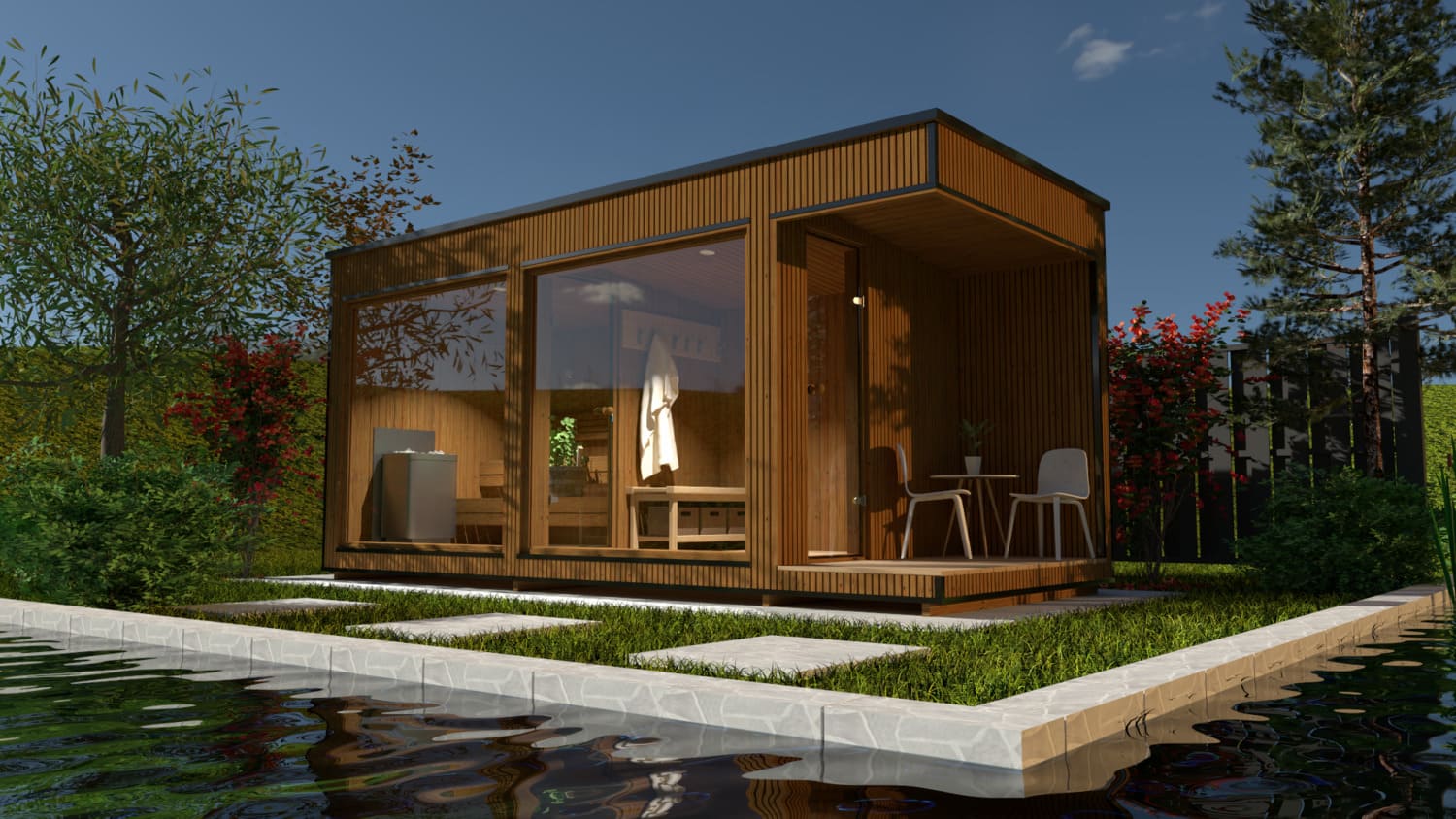 sauna da giardino modern lux con spogliatoio e patio vista ambientata