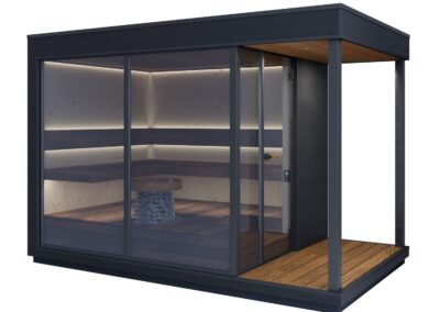 sauna da esterno Lifeclass VetroLuxe frontale e laterale