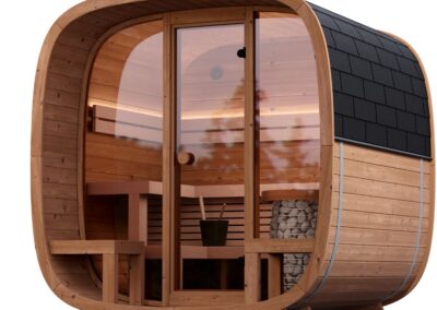 Sauna Caratello 200 e 240 con terrazzo da esterno fro vista 3-4 con frontale vetrato