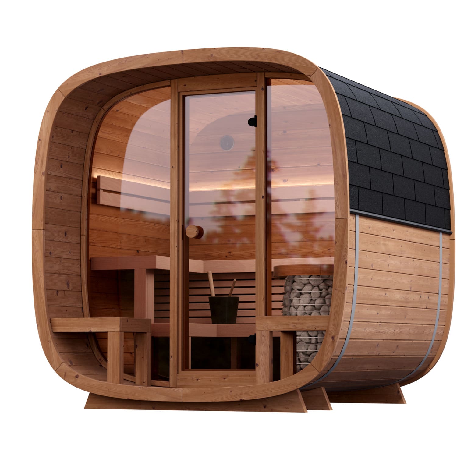 Sauna Caratello 200 e 240 con terrazzo da esterno fro vista 3-4 con frontale vetrato