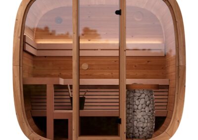 sauna da esterno a Botte quadrata Caratello 200 vista frontale con vetrata