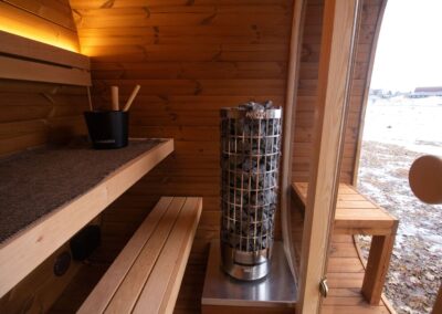 vista stufa Sauna Caratello 200 e 240 con terrazzo da esterno fro