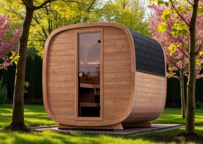 sauna caratello a botte da esterno in giardino sul prato estivo