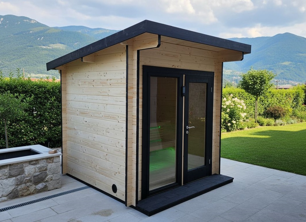 sauna Panorama da esterno in giardino profili neri