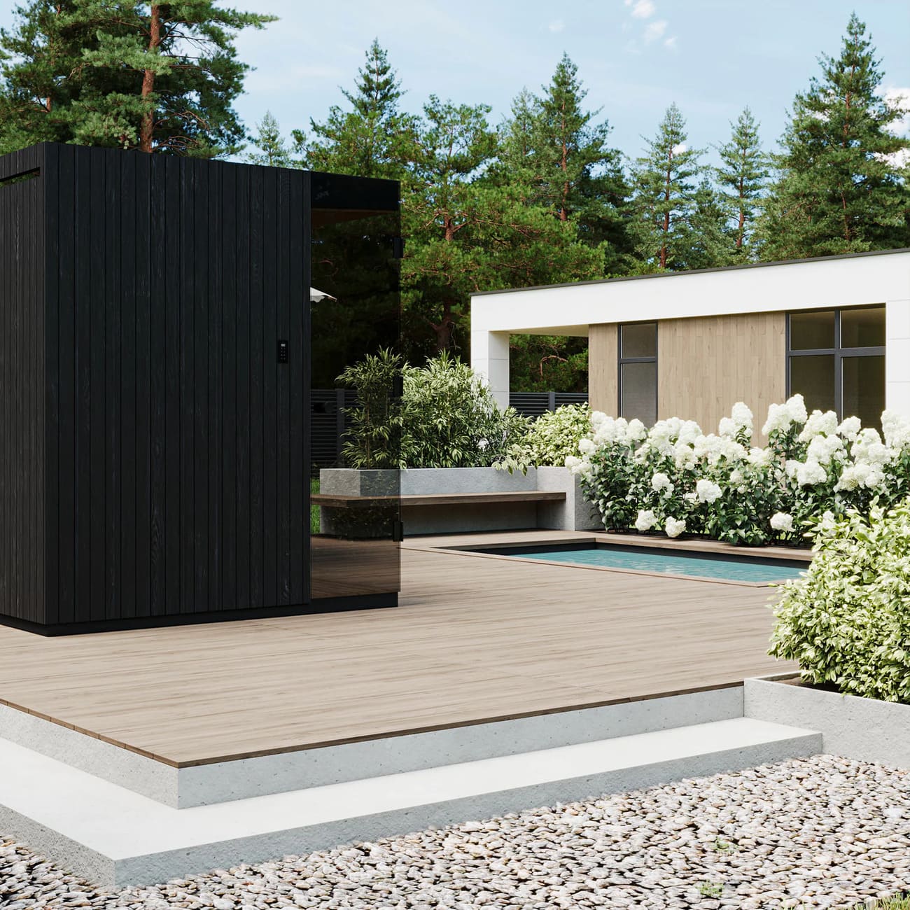 PERFECTION è la sauna da esterno di lusso con vetrata panoramica