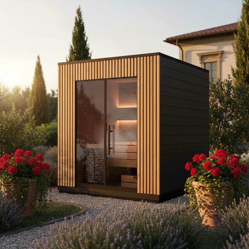 sauna da esterno VIVA 210 in giardino ambientata villa