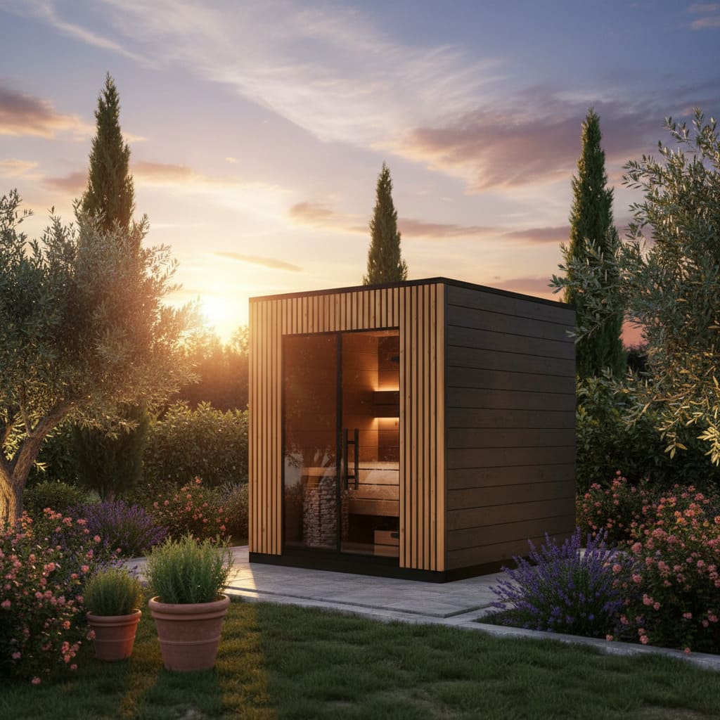 sauna da esterno VIVA 210 in giardino ambientata