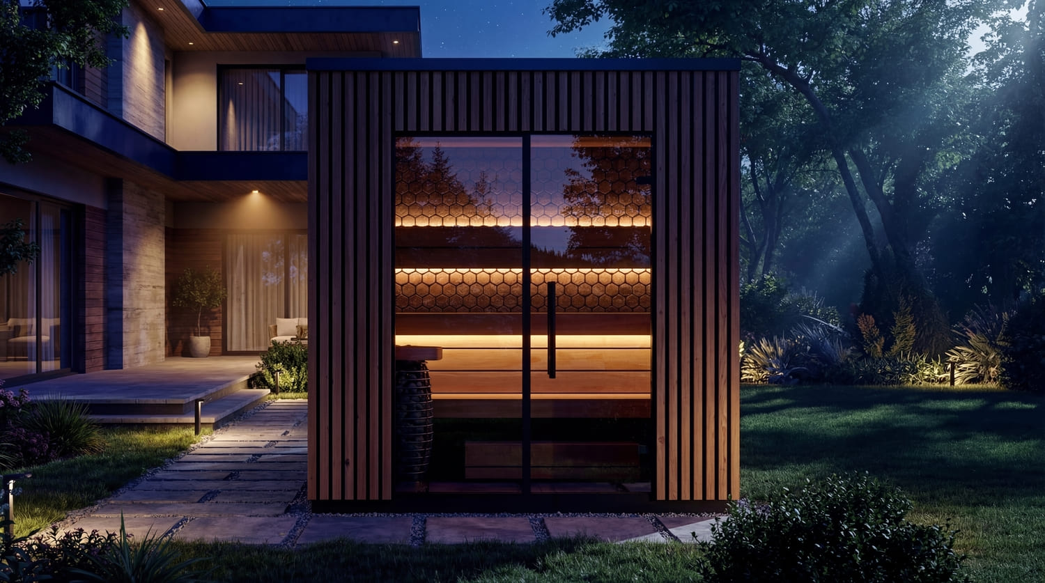 sauna da esterno VIVA 210 in giardino di notte