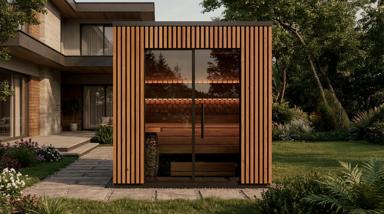 sauna da esterno VIVA 210 in giardino di sera sauna da esterno VIVA 210 in giardino di sera