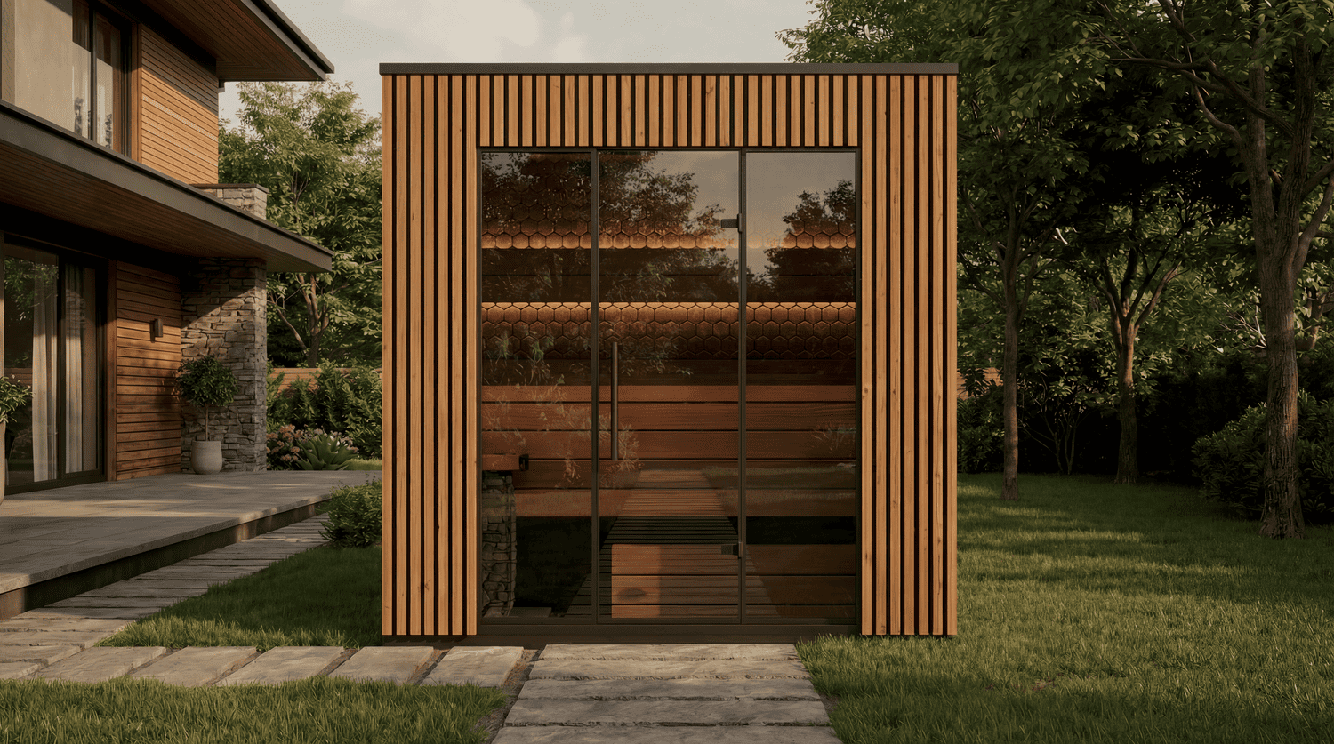 sauna da esterno VIVA 250 in giardino sera