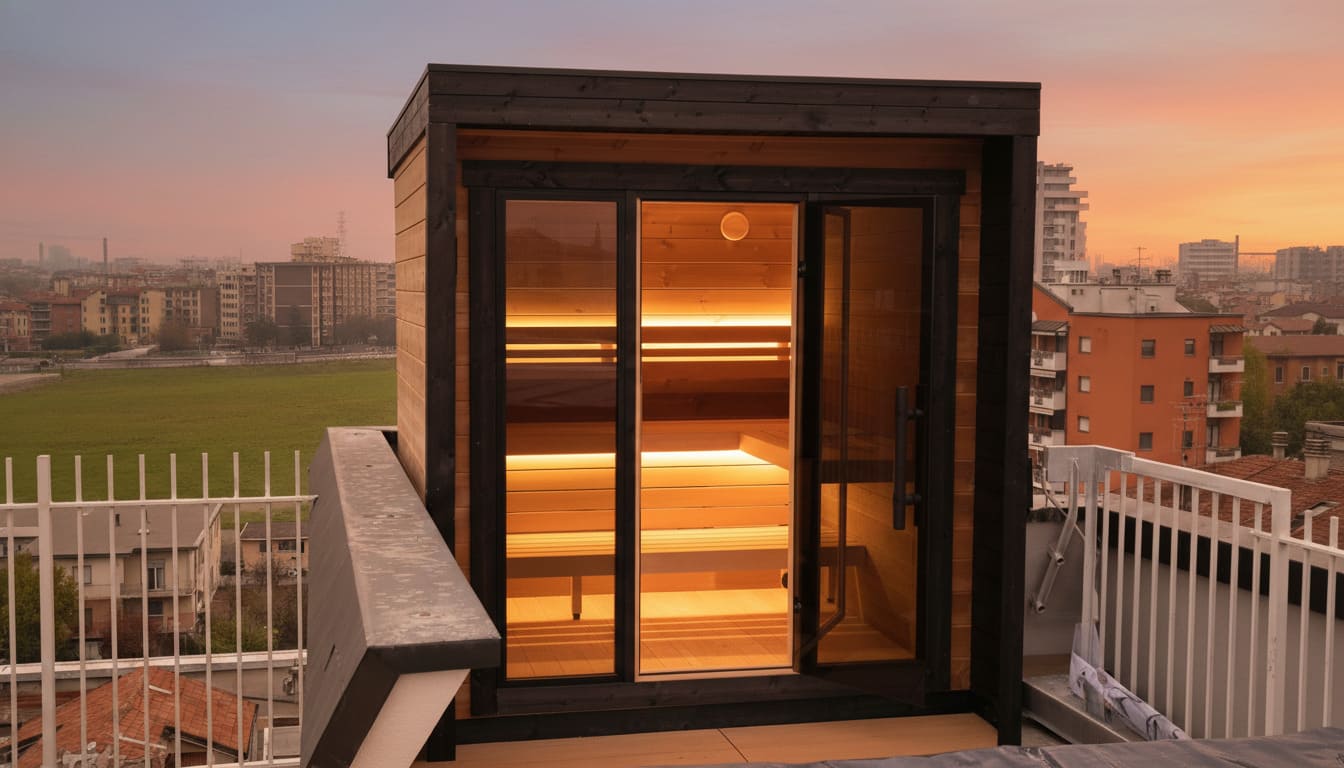 sauna per terrazzo Patio XS su misura al tramonto sauna per terrazzo Patio XS su misura al tramonto