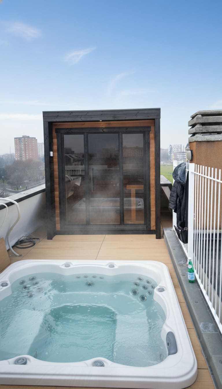 sauna per terrazzo Patio XS su misura con vasca idro sauna per terrazzo Patio XS su misura al tramonto