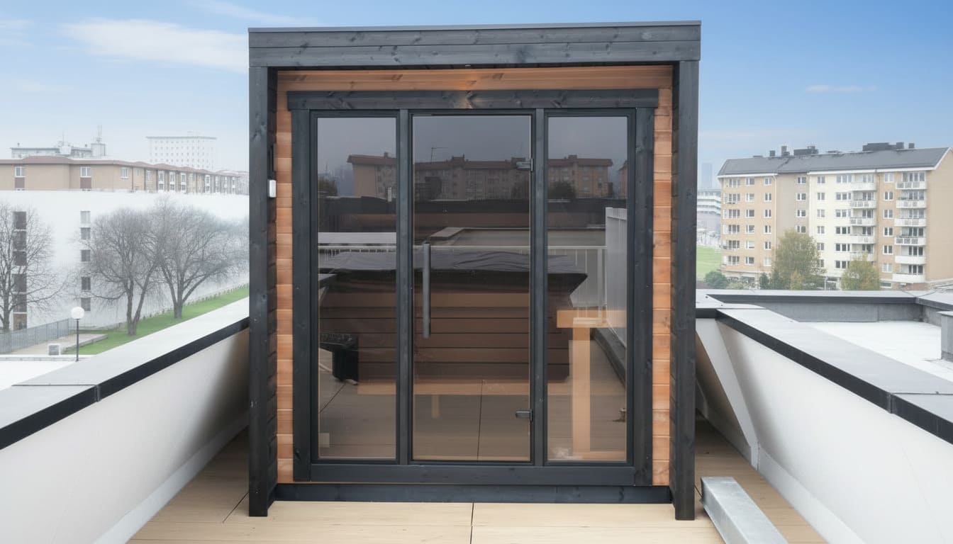 sauna per terrazzo Patio XS su misura frontale scenico sauna per terrazzo Patio XS su misura al tramonto