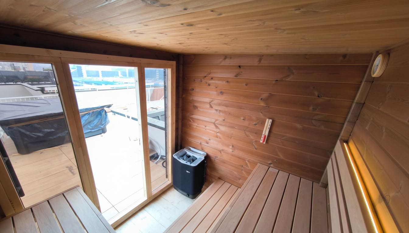 sauna per terrazzo Patio XS su misura vista vetrata sauna per terrazzo Patio XS su misura vista vetrata