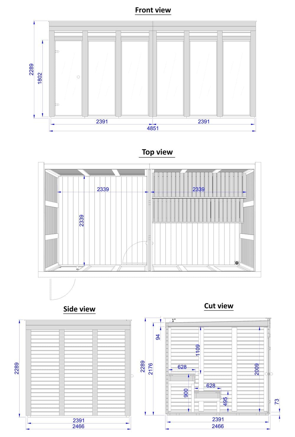 Sauna modulare da esterno Valo duo disegno